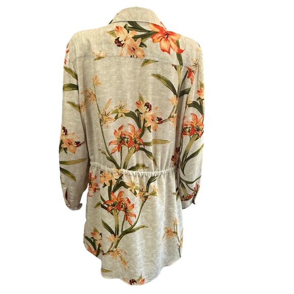 Chicos Womens Floral Drawstring Shirt Dress Size 2 Beige Orange Button Front - Picture 2 of 8